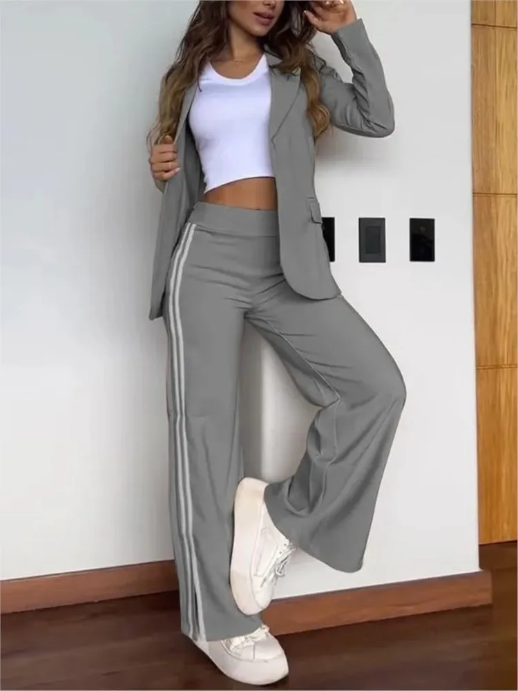 New Autumn And Winter Women\'s Casual Lapel Suit Wide-leg Pants Two-piece Set Fashion Elegant Female Solid Holiday 2 Piece Set