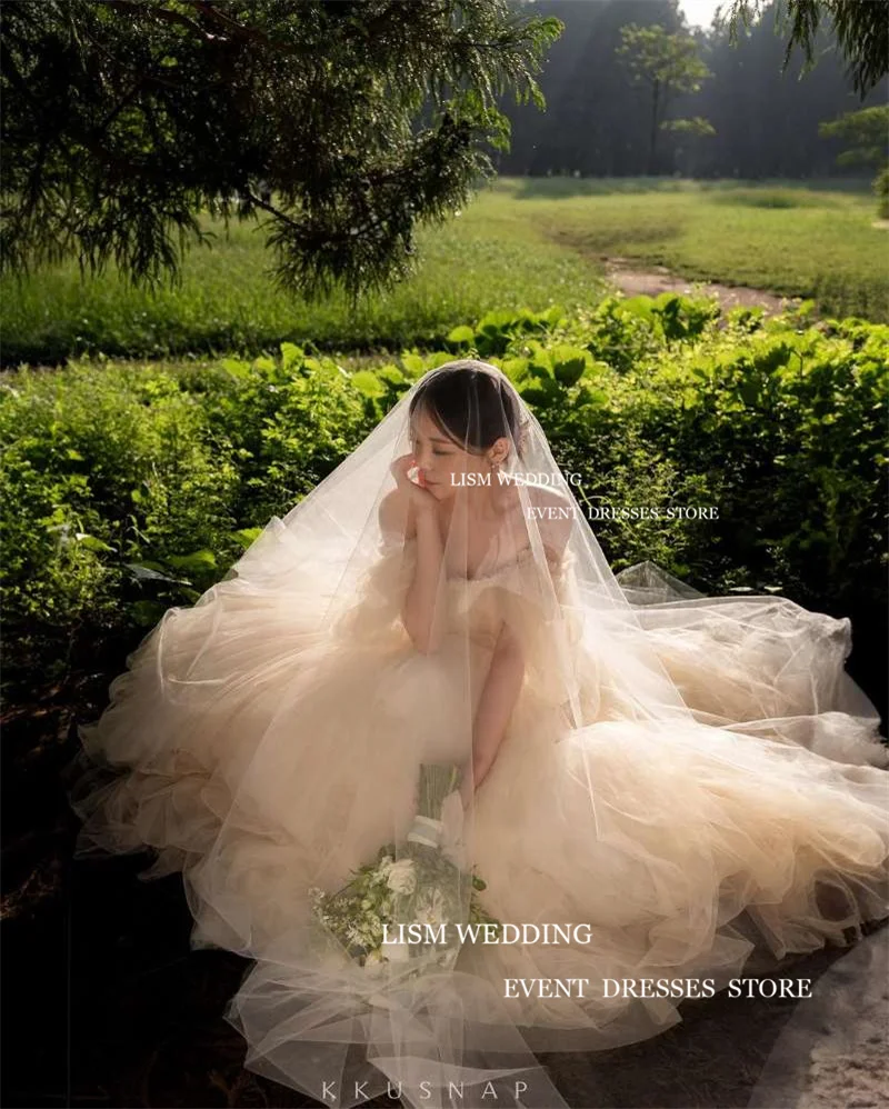 LISM Fairy Korea abiti da sposa al largo della spalla Sweetheart maniche a sbuffo a-line lunghezza del pavimento abiti da sposa formali servizio fotografico