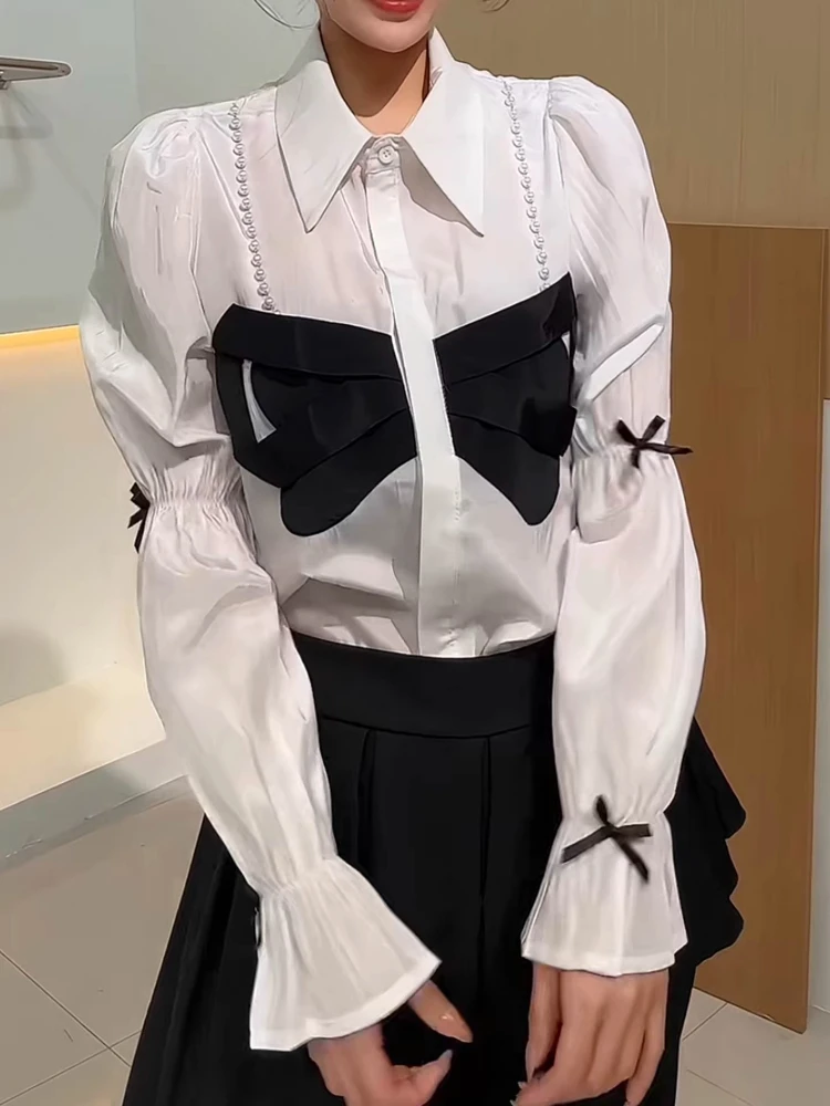 

Женская шикарная белая блузка 2026: Новинка, французский стиль, 3D-бант, жемчужный декор, рукава-фонарики, модный дизайн, весенняя коллекция, хит продаж