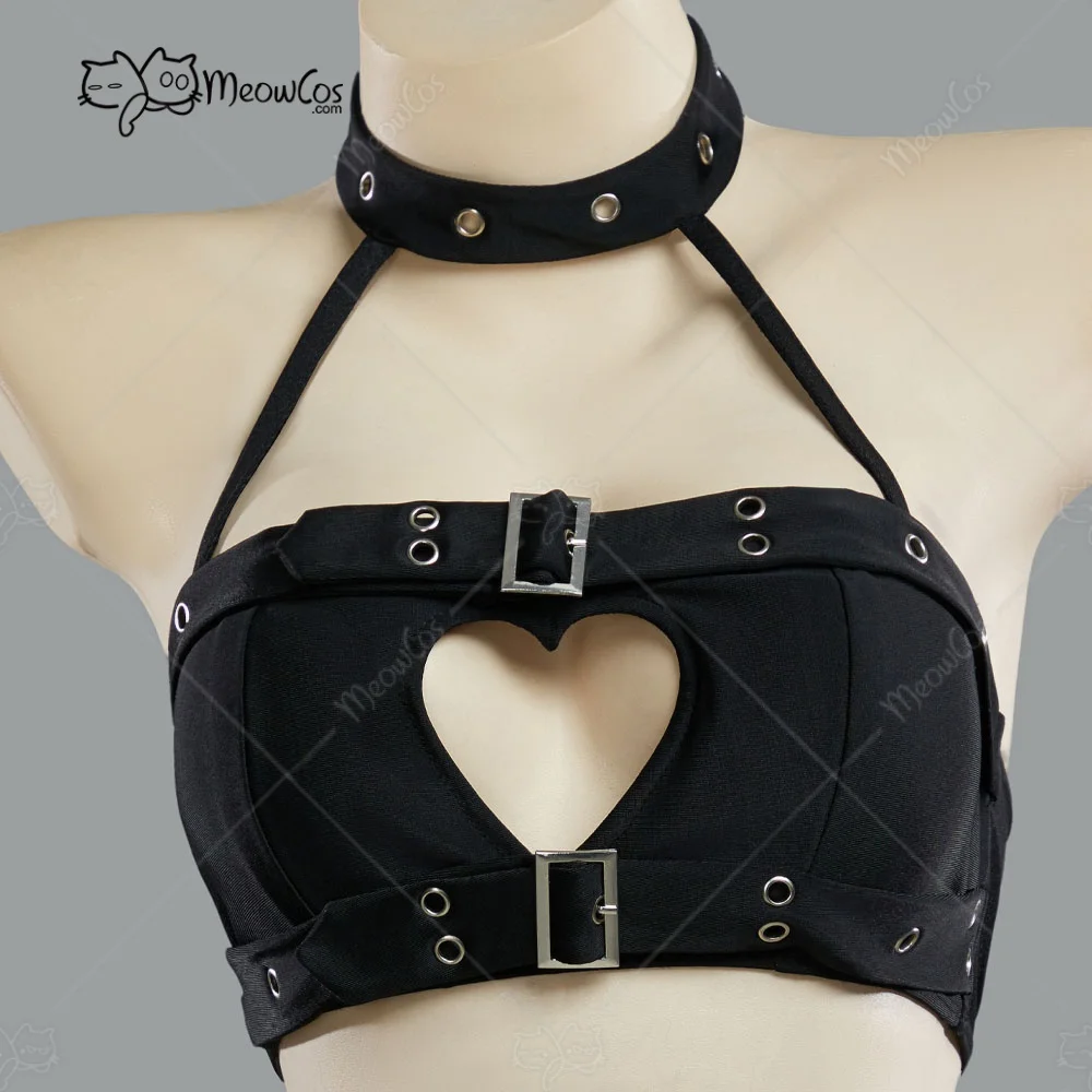 US Stock MEOWCOS Women Dark Rebel Gothic Black Heart Cutout Swimsuit Punky Buckle Two-Piece Beach Wear Halter Top and Culottes view 5