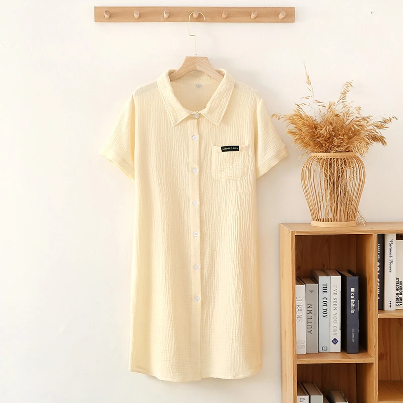 Stylish and Comfortable Nightgown Women\'s Crepe Yarn Short Sleeve Shirt Collar Button Dress Solid Cotton Perfect for Casual Wear