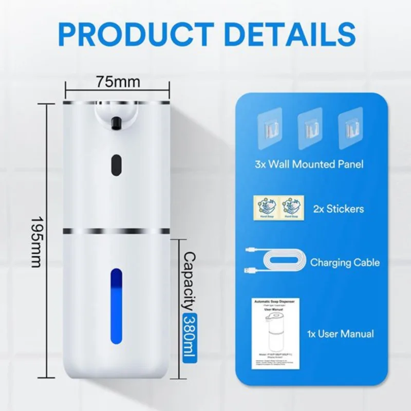 Wall Mounted Automatic Soap Dispenser Digital Display 380ml Rechargeable Touchless Hand Soap Dispenser For Bathroom Kitchen