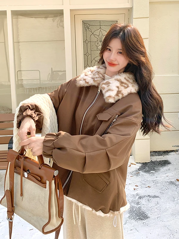 

Thiened Fce Winter ort Parka Women's Jaet Double-Sided Wear Leopard Print Workwear Sle Warm Outerwear Coat