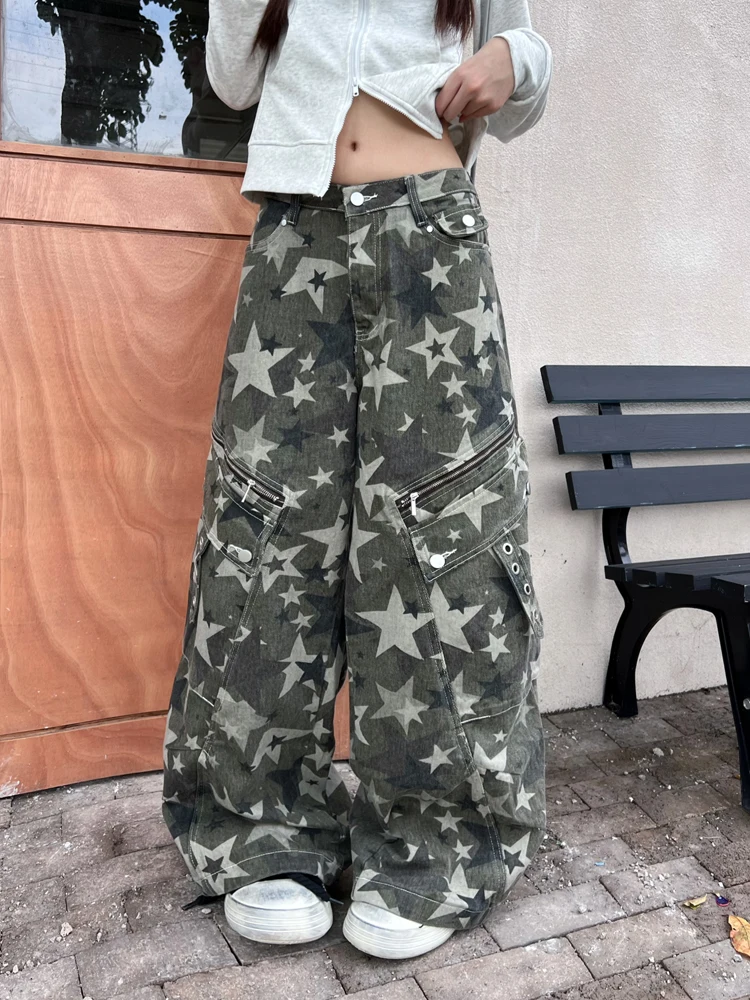 

Широкие джинсовые джинсы с принтом американской звезды в стиле ретро, женские осенние модные длинные брюки, повседневные длинные брюки с низкой талией на молнии