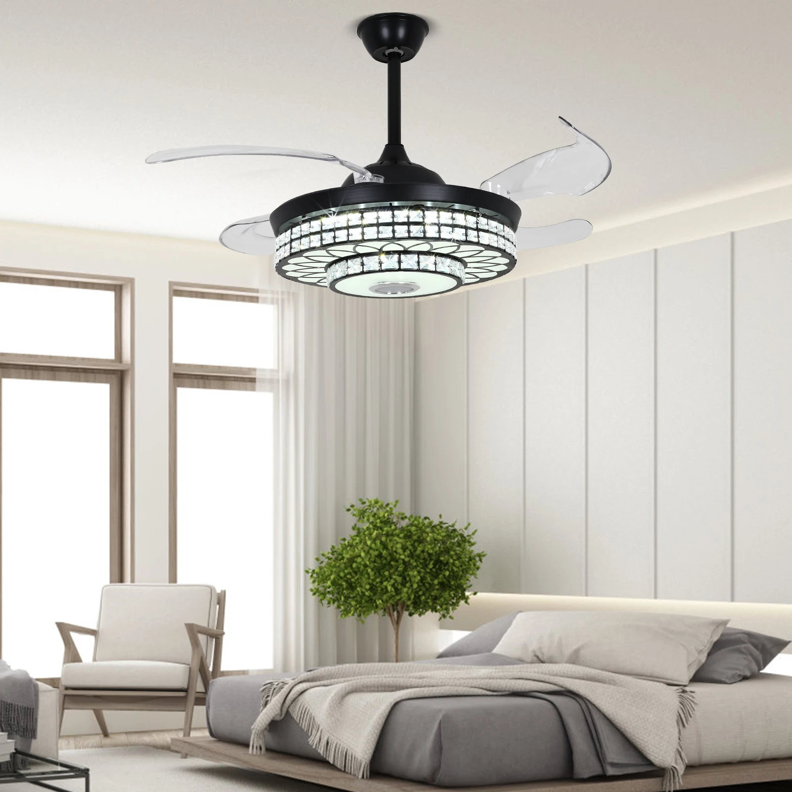 42 Inch Fan Pendant Light Black Three Color Variable Frequency Band Bluetooth With Remote Control - Us Standard