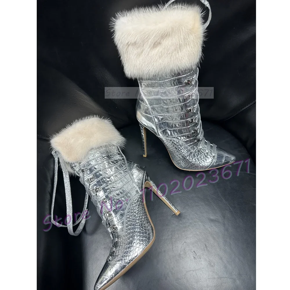 Beige Fur Pointy Ankle Boots Women Elegant Leather Splicing Silver Winter Furry Boots Hot Girl Trendy High Heels Mid Calf Shoes
