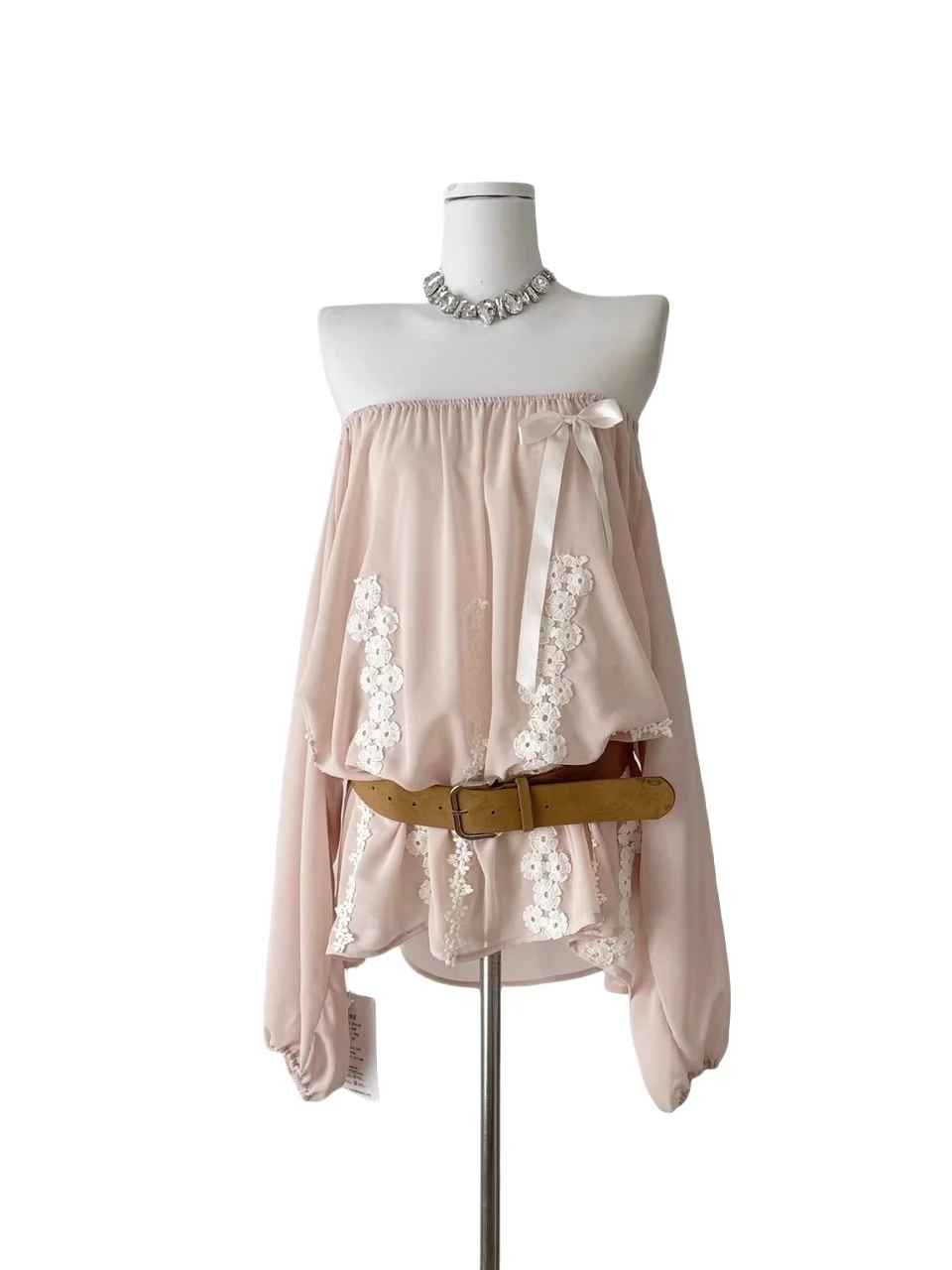 Heavy Embellied Lantern Sve Chiffon irt Loose Fit One oulder  Knot Design Korean Sle Commute Faion Wome...