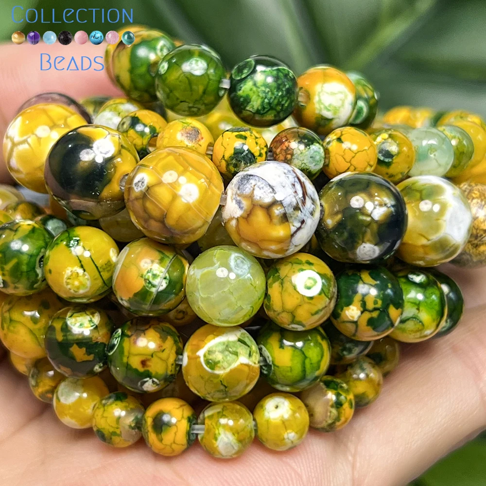 6-10mm Gelb Grün Drachenadern Feuer Achat Runde Lose Spacer Perlen Für Schmuck Machen DIY Armbänder Halskette zubehör 15"
