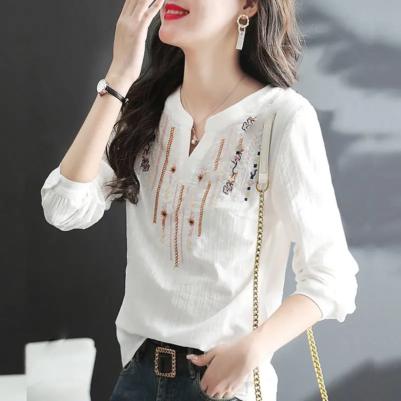 Cotton Linen Embroidered Ethnic Style Versatile V-neck White Blouse Multiple Patterns Printing Thin Spring Summer Women Pullover