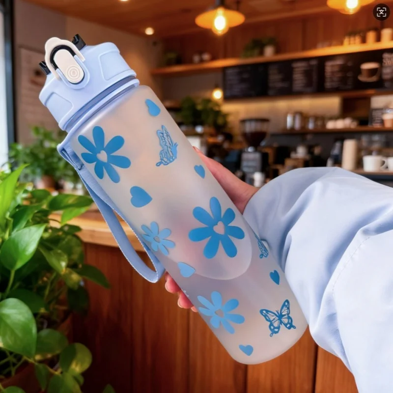 750ml ホワイトフロストウォーターボトル：カラフルな花柄プリント