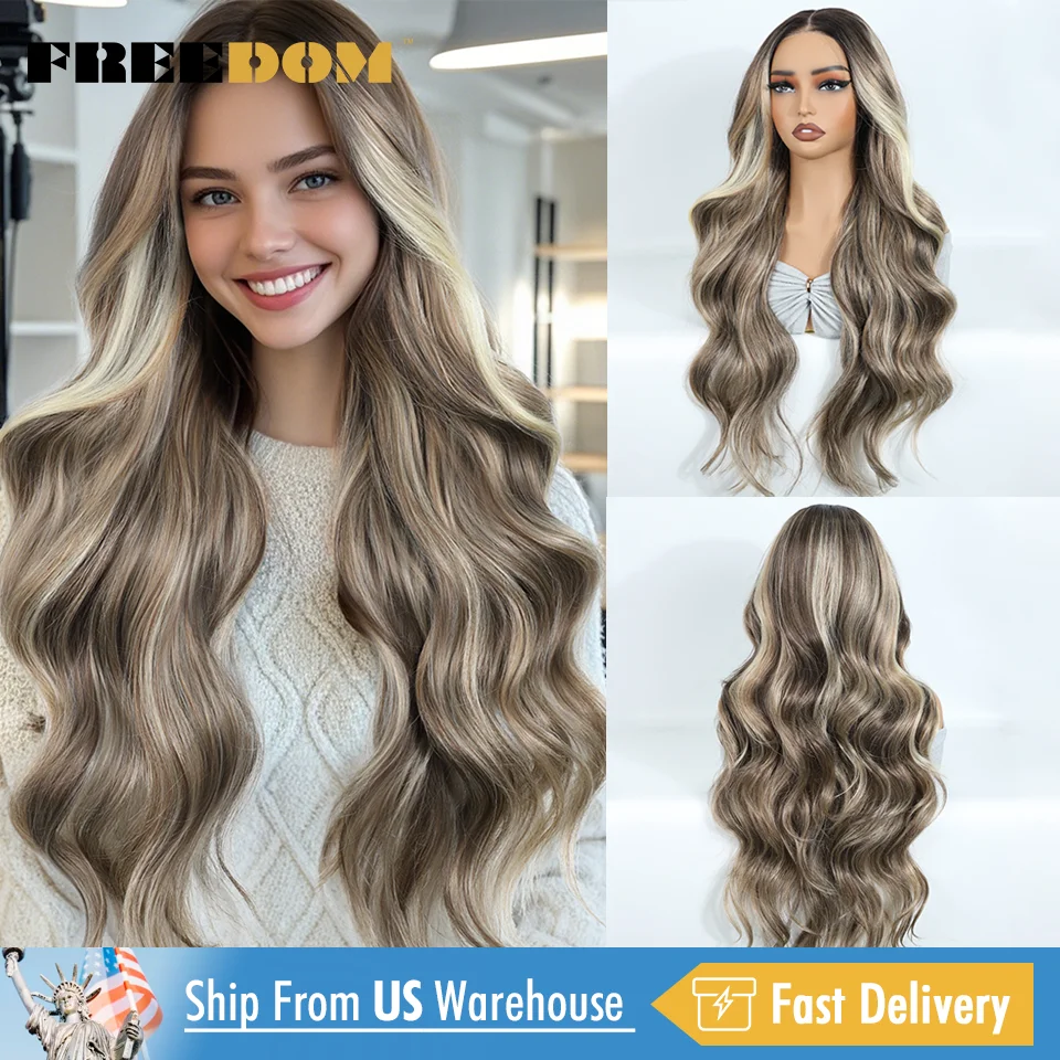 FREEDOM Synthetic Lace Front Wigs For Woman Long Body Wave 6x4 Lace Wig Ombre Brown Pre Plucked Pre Cut Wear and Go Glueless Wig