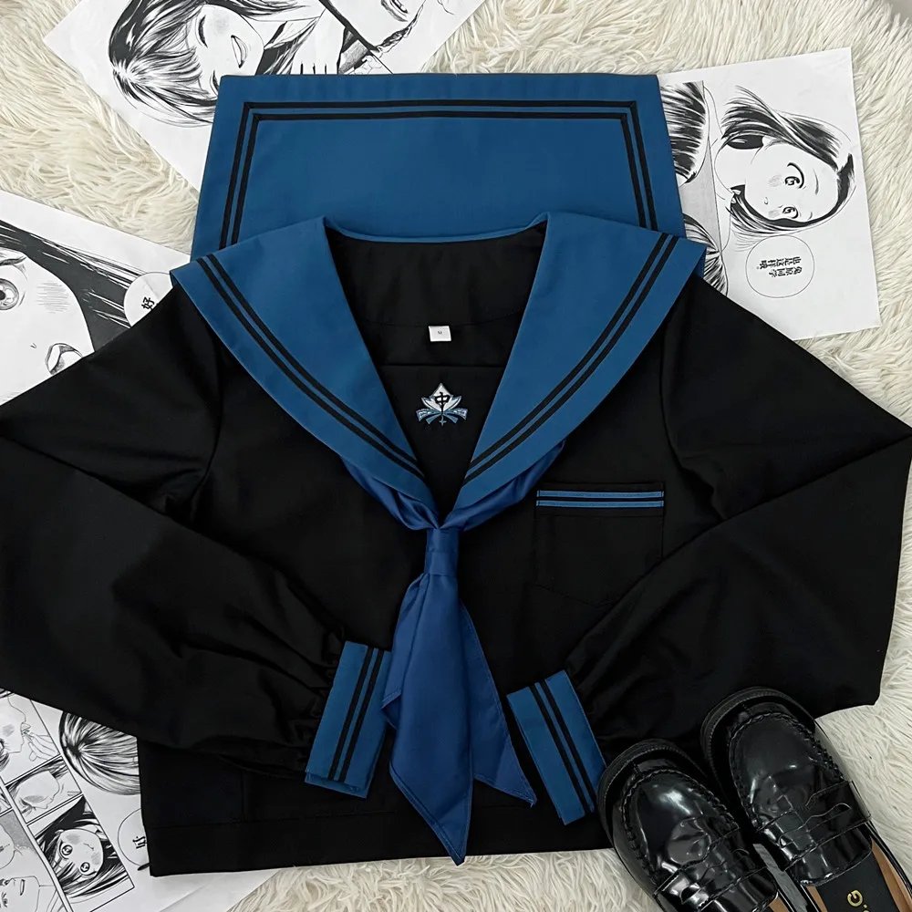 Uniforme giapponese Black Sailor Outfit Blue Tie coreano High School JK Uniform Set Seifuku Sailor Suit Student Cosplay Leated Skirt