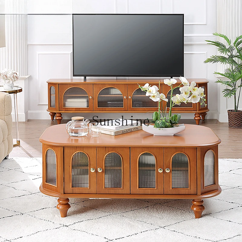 

French retro solid wood coffee table cream wind TV cabinet combination