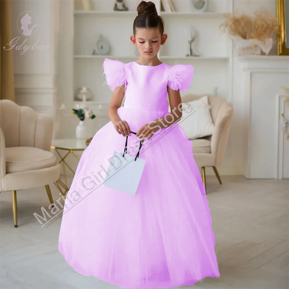 Customized Light Blue Flower Girl Dress for Wedding with Tulle Feather Puffy Kids Formal Occasion First Communion Pageant