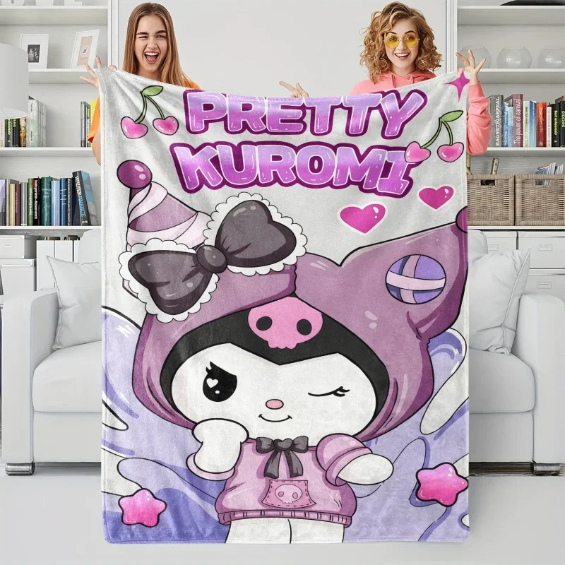 Cartoon Sanrio Kuromi Flannel Blanket Soft Fluffy Fleece Throw Warm Travel Camping Blanket for Children and Girls