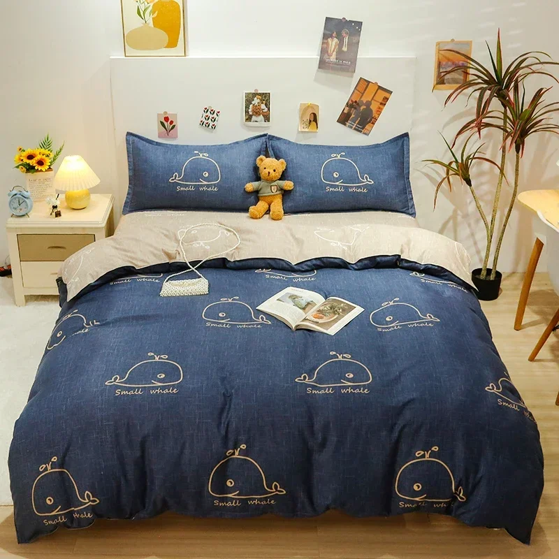 Kawaii Little Whale Printed Bed Set Floral Duvet Cover Pillowcase Bedding Set Cute Bed Sheet Quilt Cover Single Queen King Size