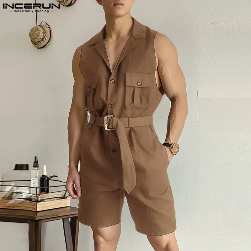 2024 Men Jumpsuits Solid Color Lapel Sleeveless Pockets Streetwear Male Rompers With Belt Fashion Casual Men Overalls INCERUN