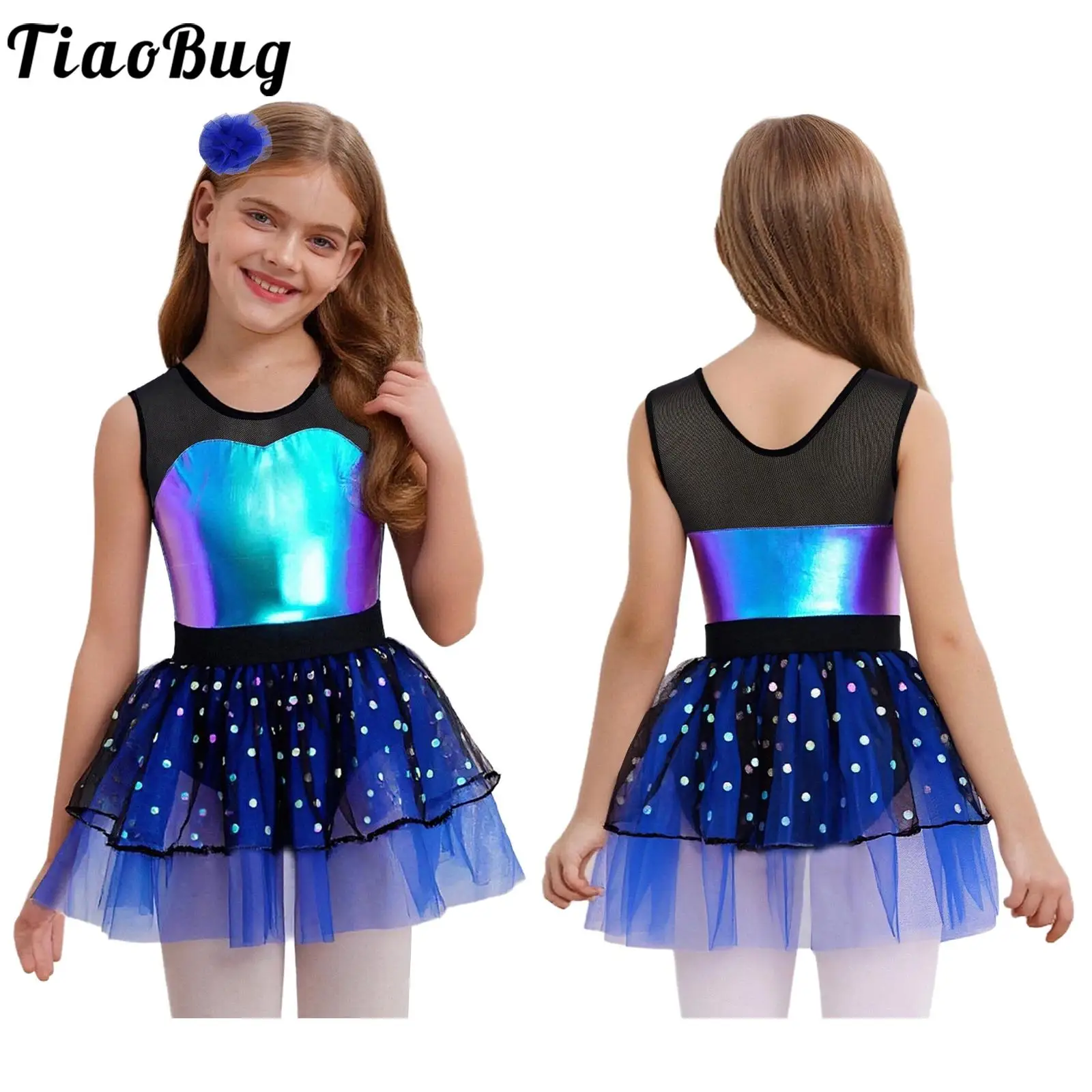 Kids Girls Dance Tulle Ballet Dress for Performance Stage Dancewear Sleeveless Metallic Bodice Mesh Tutu Dress and Headwear Sets