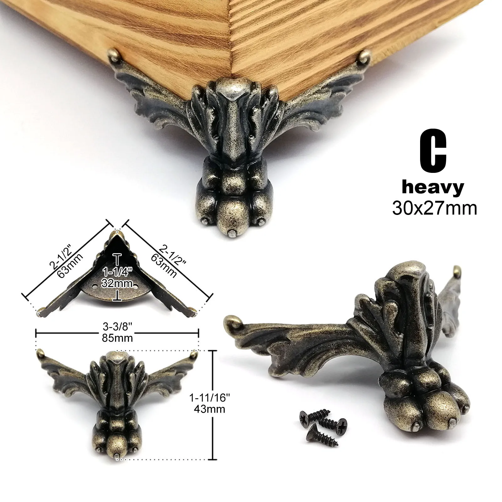4 Stück Schmucktruhe Box Holzkiste Dekorative Füße Bein Metall Eckenschutz mit Schrauben Antik Messing Vintage Bronze – Detail 3