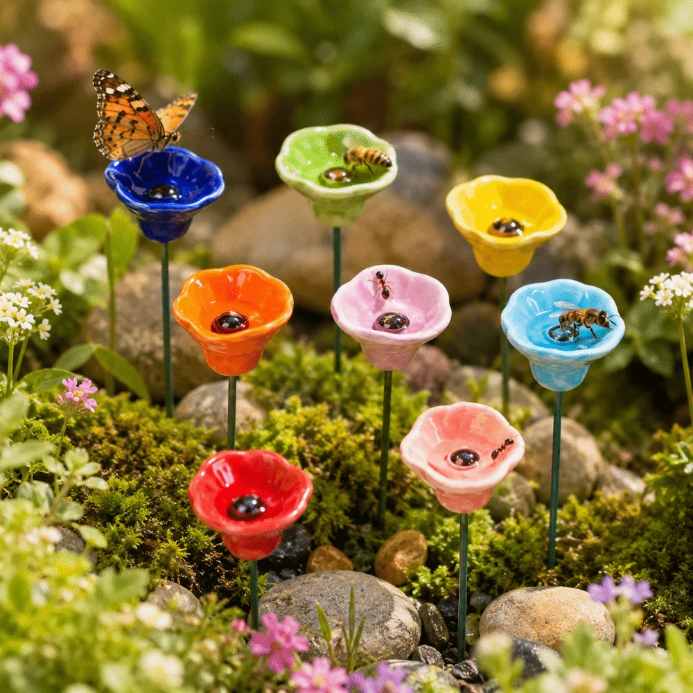 3pcs Ceramic Bee Butterfly Water Dispenser Flower Shaped Multi-function Bee Watering Station DIY Garden Decoration