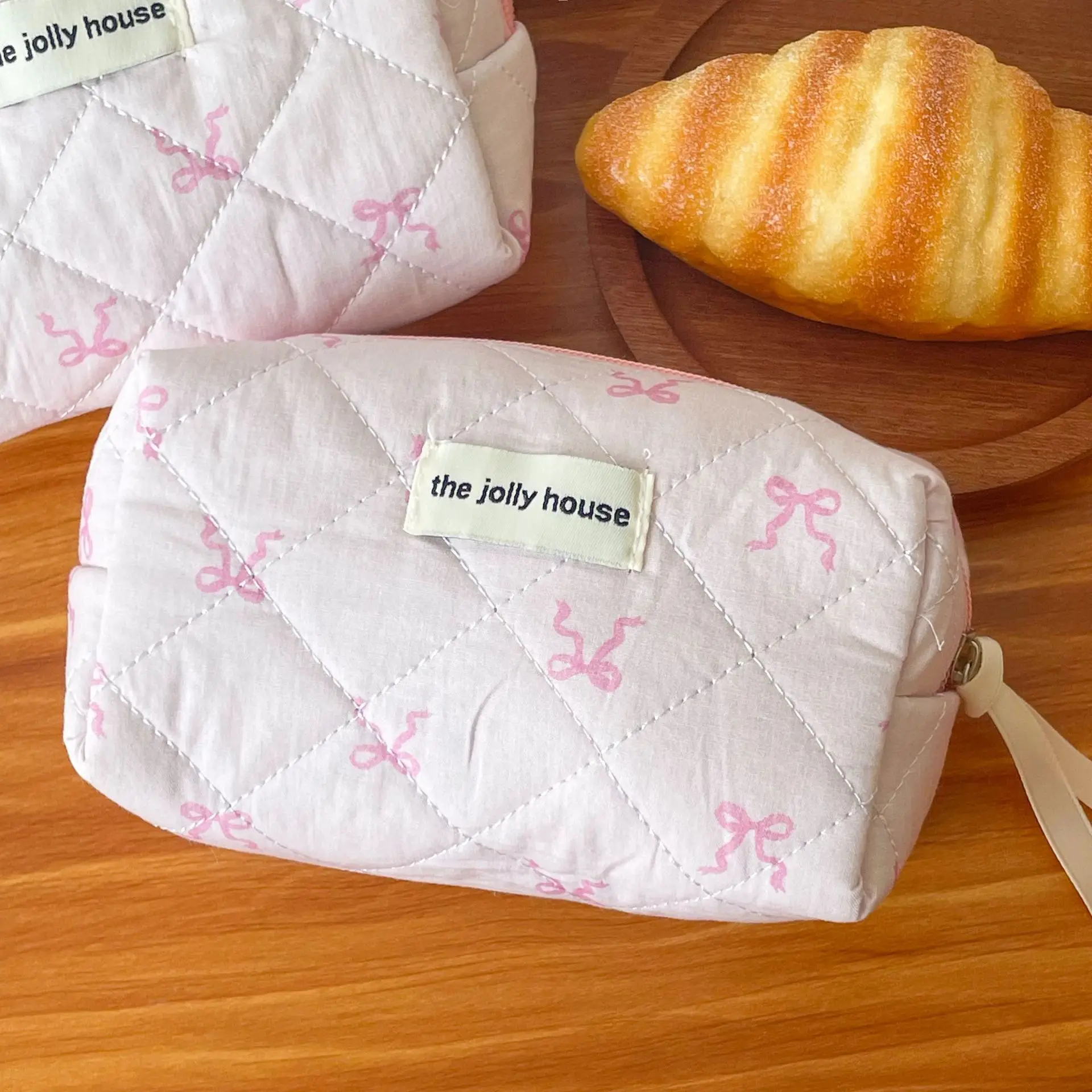 2024 Pink Bowknot Quilting Women Cosmetic Bag Portable Zipper Makeup Travel Organizer Female Handbag Toiletry Pouch For Girls