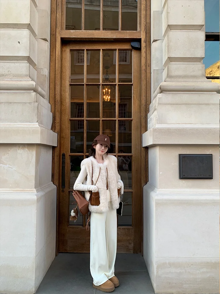 

Gold Musoom Daily Fur Vest Inteated Skin And Fur Woolen round Ne ort Sle Commute Simple Design No Sve Women's Coat