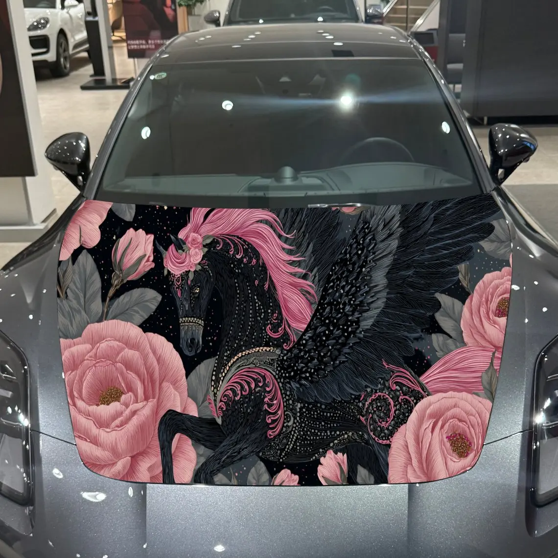 

Pink Peony Dark Horse Car Hood Vinyl Stickers Car Surface Protection Decal Car Decoration Cover Vinyl Wraps Waterproof Self-adhe