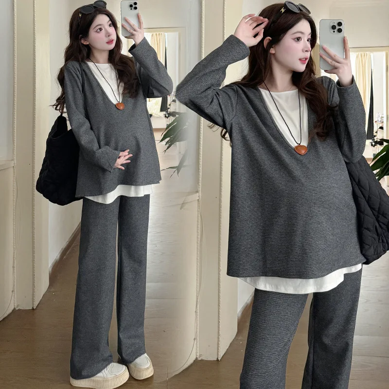 

Maternity Set for Pregnant Women Autumn Casual Office Wear Comfortable Two Piece Outfit with Color Block Top and Pants