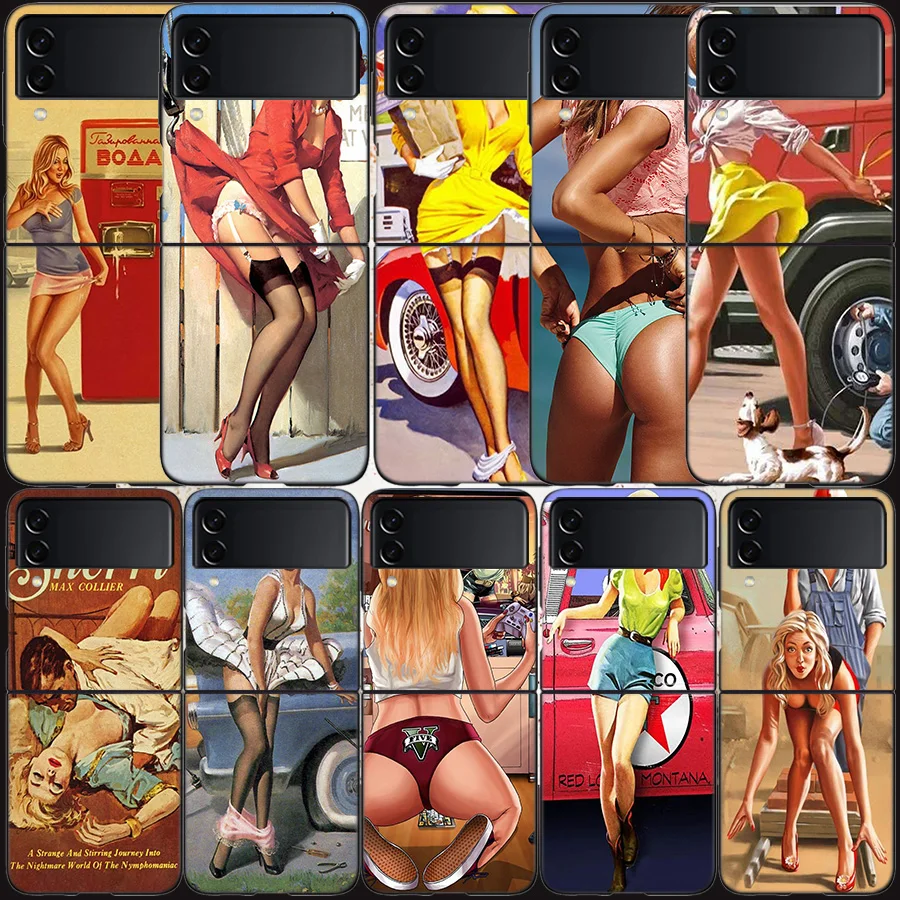 WW2 סקסי פין עד ילדה Vintege מקרה עבור Samsung Galaxy Z Flip 3 Flip 5 4 5G שחור קשה טלפון סלולרי כיסוי סמסונג Z Flip 5 5G יוקרה