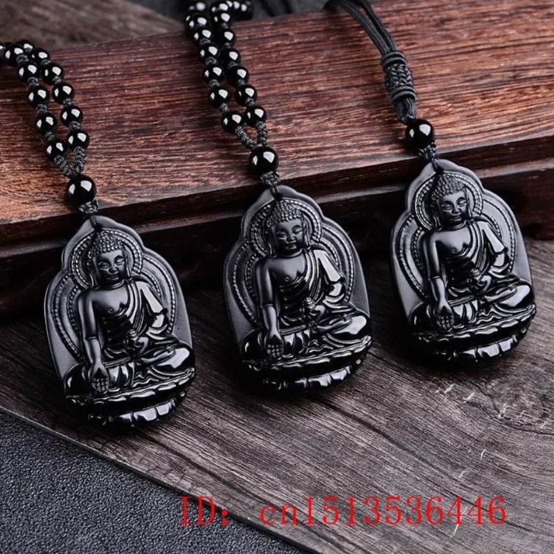 Natural Black Obsidian Medicine Master Buddha Pendant Beads Necklace Fashion Charm Jewellery Hand-Carved Lucky Amulet Gifts