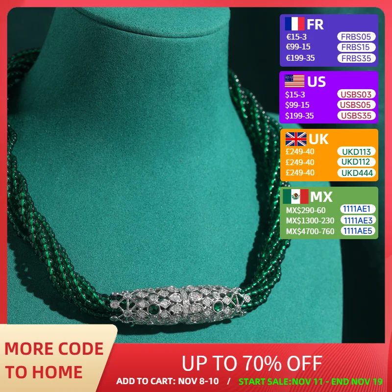 

Vintage Layered Necklaces Woman Emerald Green Glass Beaded Rhinestone Choker Luxury Designer Jewelry Evening Accessories Party
