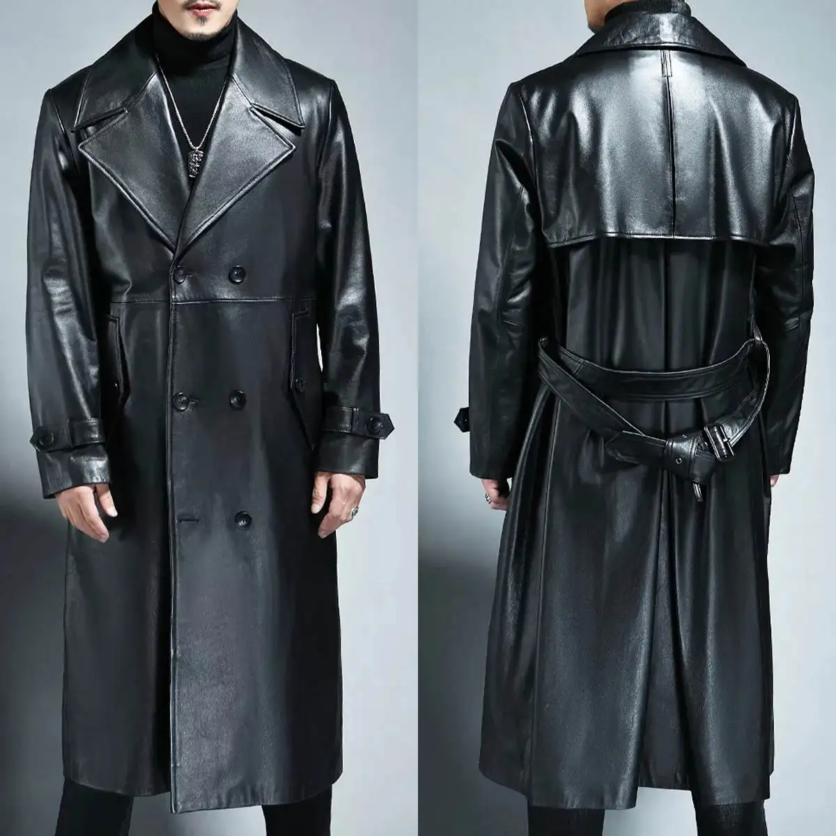 Black Leather Long Overcoat Peaked Lapel Coat With Belt Winter Wear Business Outwear