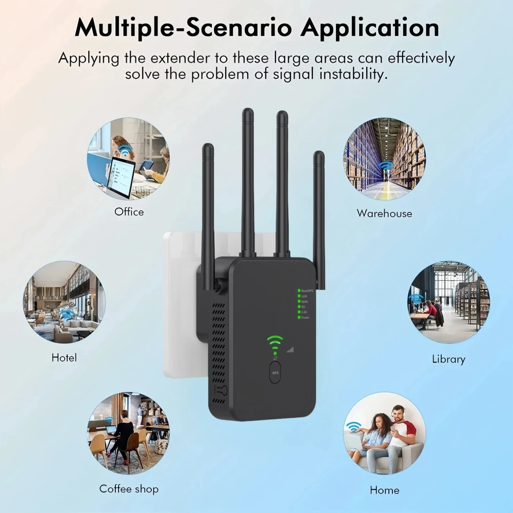 1200Mbps WiFi Repeater WiFi Extender Amplifier Wireless Wi Fi Signal Repeater Dual-Band 2.4G 5G High Gain Amplifier WPS Router