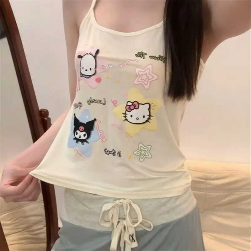 

Сексуальные наряды Sanrio Hello Kitty, ночная рубашка, женская пижама с шортами, пижама без рукавов, ночная рубашка с бретельками на шее, милая ночная рубашка, летний домашний костюм