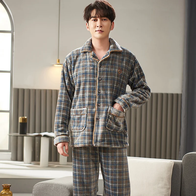 

Повседневная клетчатая пижама, мужской кардиган с лацканами, свободный толстый коралловый флис, костюм для домашнего обслуживания, осень-зима, сохраняет тепло, фланелевая пижама Hombre