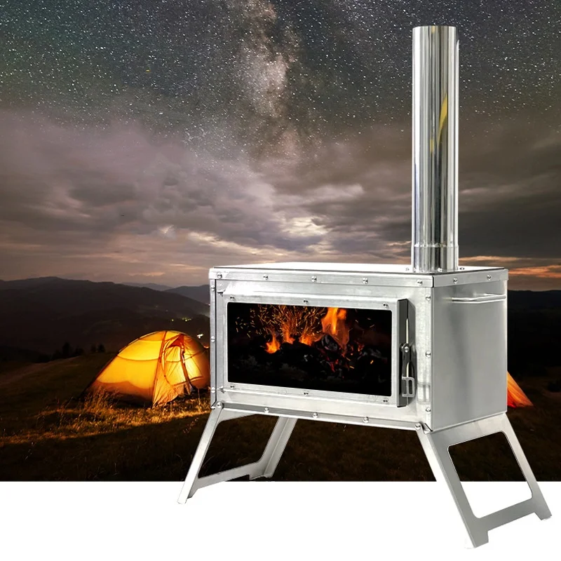 

Firewood Stove Tent Heater Outdoor Camping Stainless Steel Stove Portable Wood Burner Furance Stove with Glass Windows Chimney