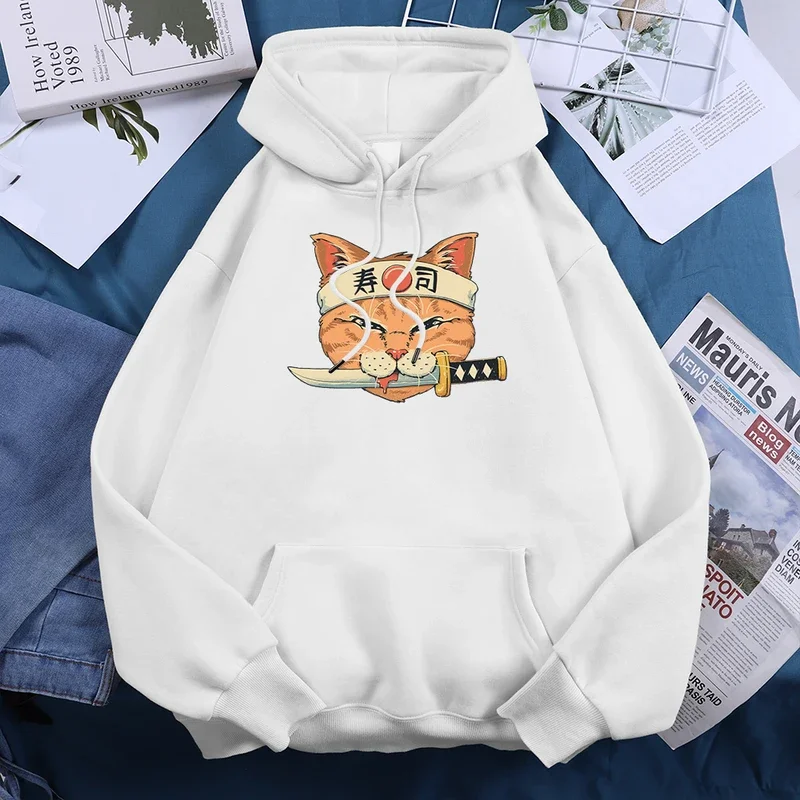 Japanese Harajuku sushi knife cat Mens Hoodie cute pullover hoody Autumn New fleece sweatshirt casual oversize women clothing