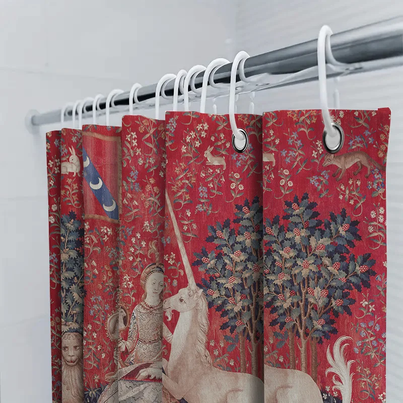 Red Floral Curtain with Medieval Tapestry Design for Bathroom Decor – Luxury Unicorn Bath Rug Shower Curtain Waterproof Home Dec - view 5