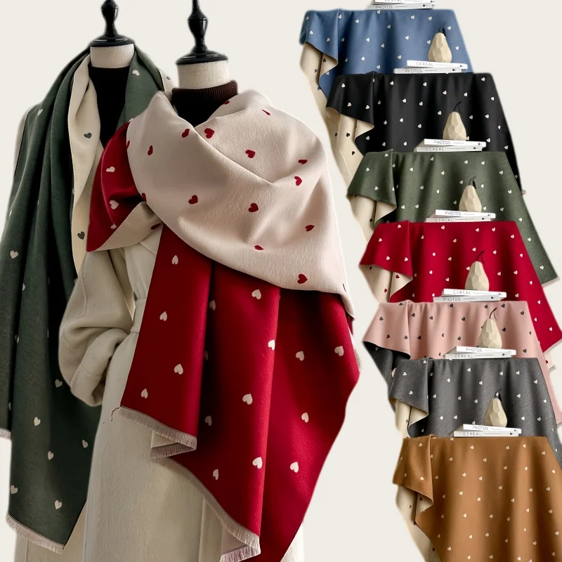 65x185cm 8 Colors Available Dark Green Fashion Love Heart Print Scarf Women's Large Shawl Wrap Winter Neck Scarf Fringe Edge 