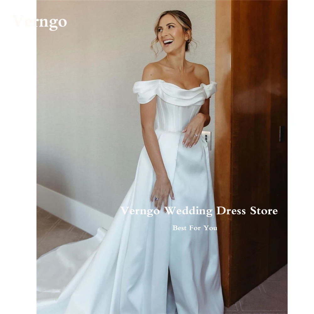 

Verngo Off the Shoulder Good Quality Satin A Line Wedding Dresses Long Court Train Corset Bones Split Princess Bridal Gowns