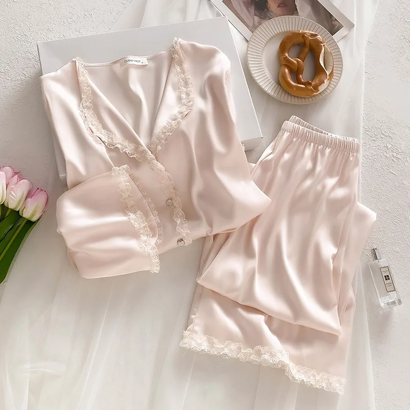 

Women's Sweet Silk Pajamas Set Small Lapel Long Sleeves Pants Loose Trousers Spring Summer Comfort Mulberry Silk Solid Sweet XL