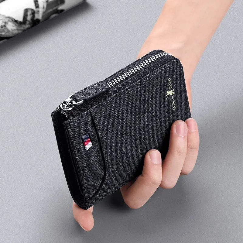 Cartera de lona multifuncional para hombre, billetera Vertical de cuero juvenil con Clip, estuche para licencia de conducir, billetera corta multitarjeta