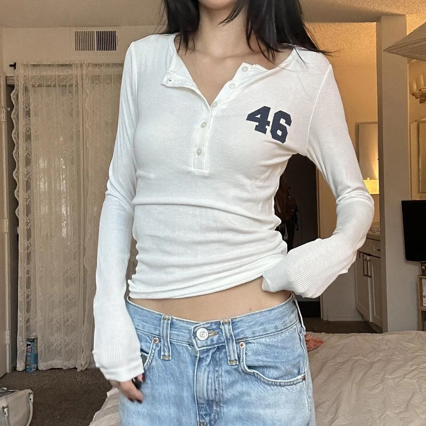 SUCHCUTE Y2K American Vintage Shirt Women Half Placket V Neck Graphic Slim Cropped Long Sleeve Going Out Top Casual Tee Coquett