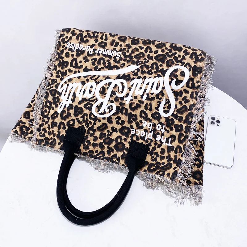 Leopard Print Canvas Bags For Women Luxury Designer Handbag Purse 2024 New In Casual Letter Tassel Large Capacity Tote Shoulder