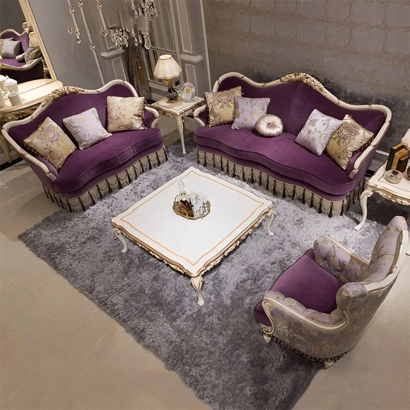 !@Hot Sale French Living Room Furniture Set Solid Wood Antique Finished Hand Carved Sofa Set Fabric Classic Sofa Chair