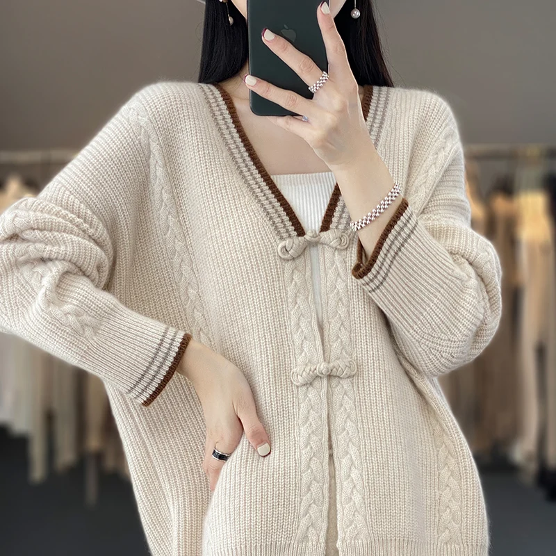 

V-neck 100% Pure Wool Cardigan Women's Sweater Solid Color Knit Jumpers New Long Sleeve Loose Coat