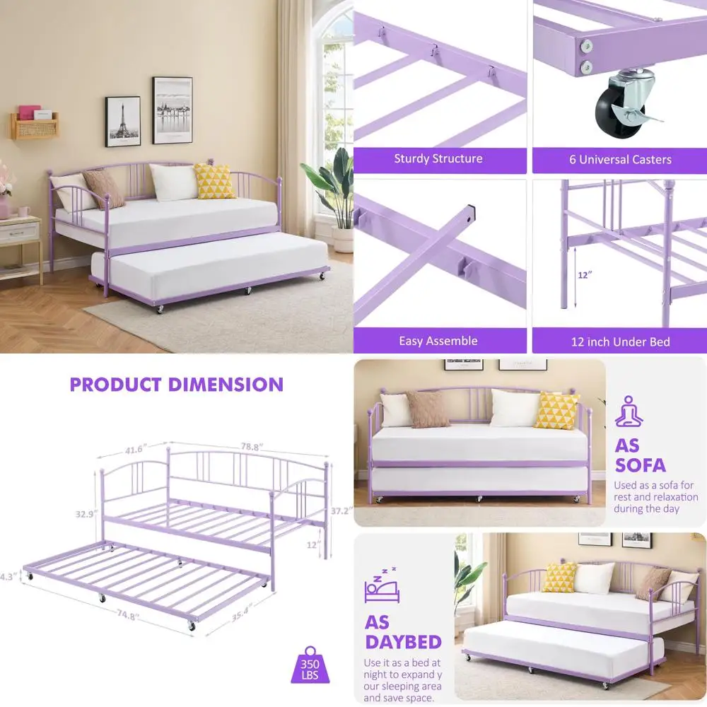 GAOMON Twin Daybed with Trundle, Twin Size Daybed Frame with Pullout Trundle 6 Casters, Steel Slat Support Guest Sofa Bed for Li