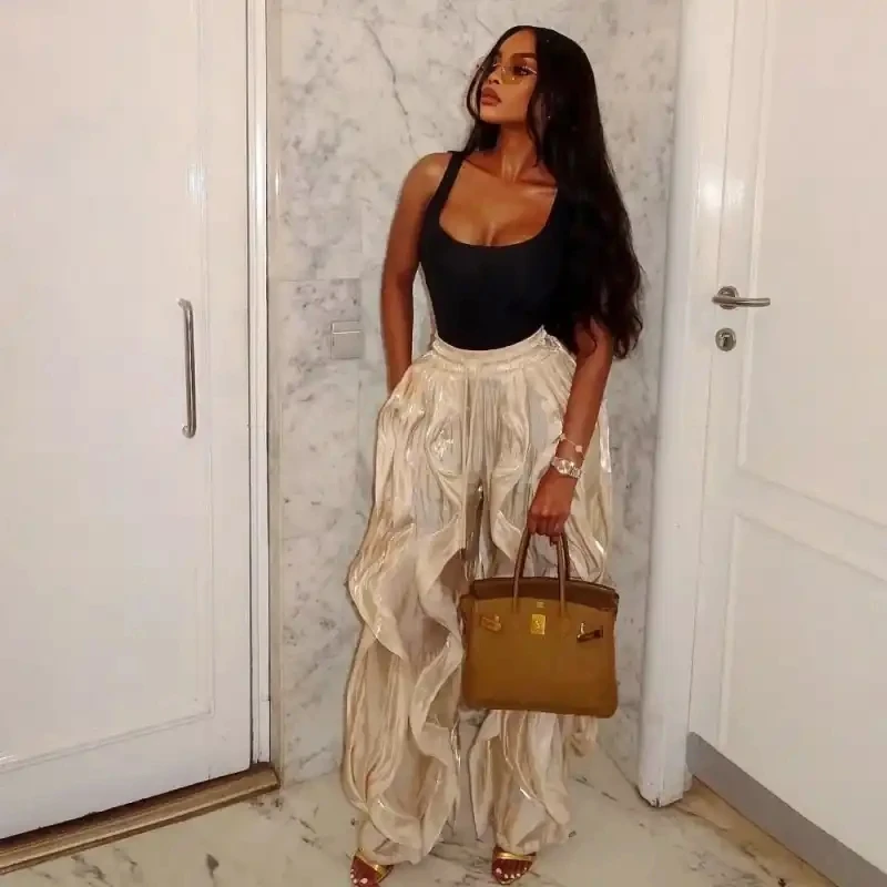 

Женские брюки с рюшами из органзы, драпированные, на заказ, для вечеринок, длинные, свободные, на молнии, прозрачные, модные