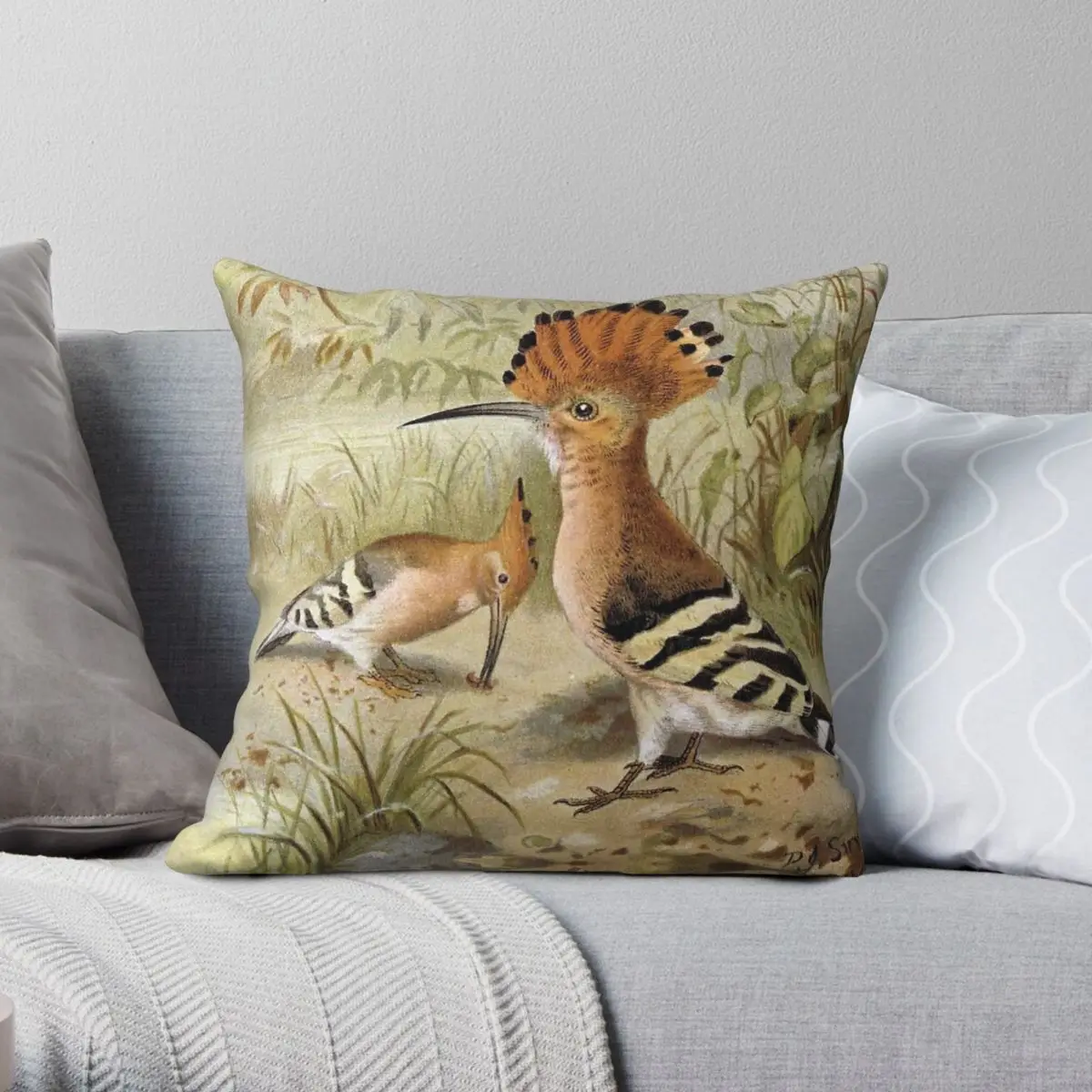 Hoopoes Couple Zoology Pillowcase Polyester Linen Velvet Printed Zip Decor Bed Cushion Cover
