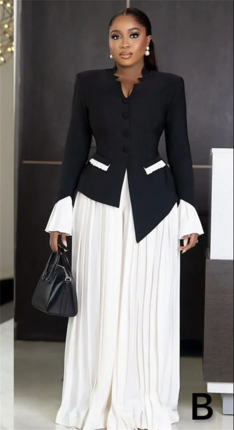 Czarno-biały damski komplet garniturowy 2-częściowy: marynarka + luźne spodnie, jesień, wiosna, formalny, do biura, żakiet, szyty na miarę, smoking ślubny, płaszcz